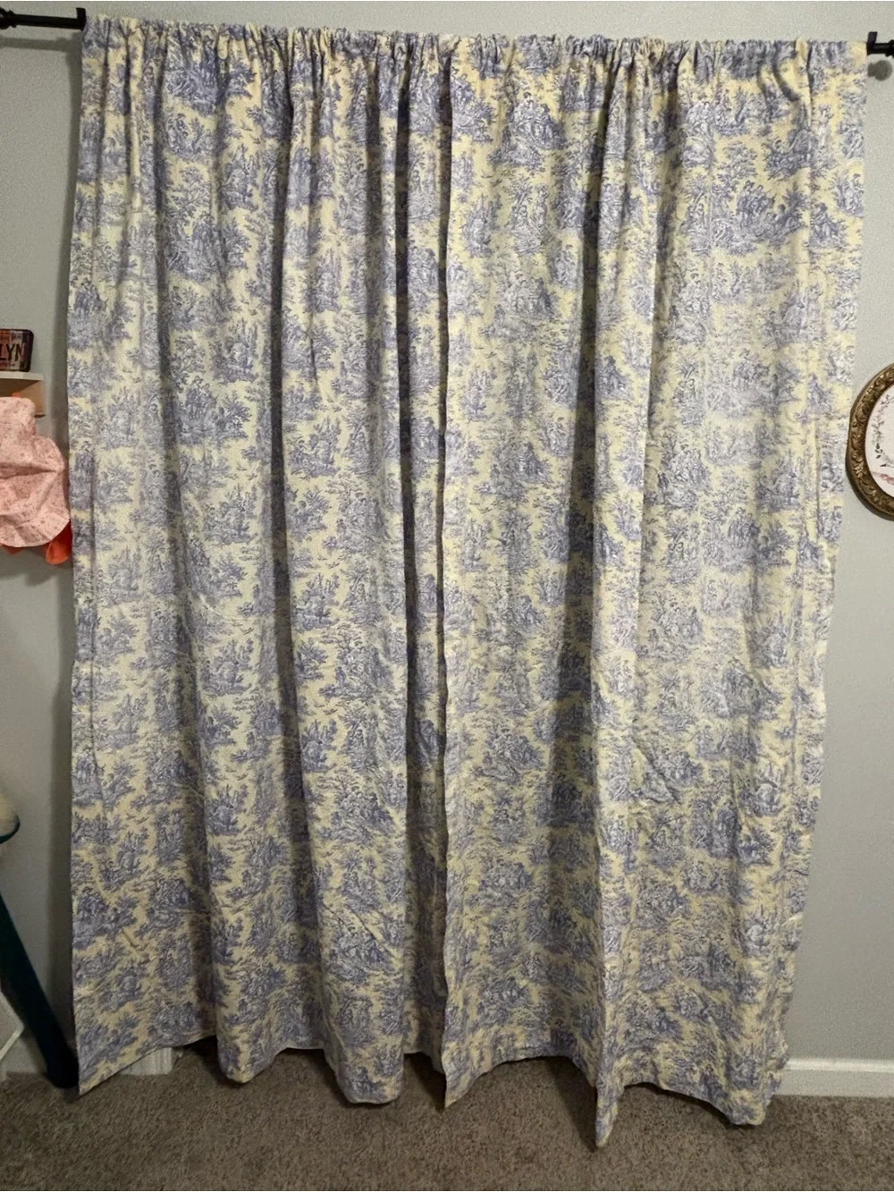 Waverly Blue Toile Curtain Panel on Pale Yellow background (4 panels available)